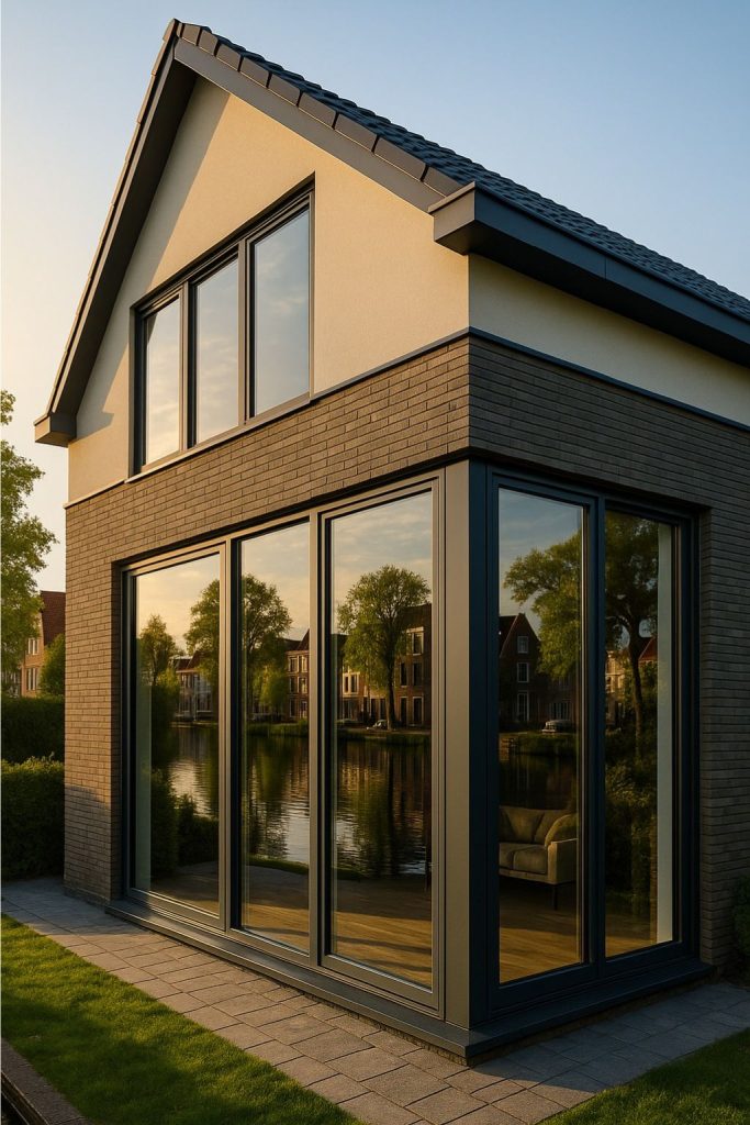 Moderne woning met grote ramen en weerspiegeling